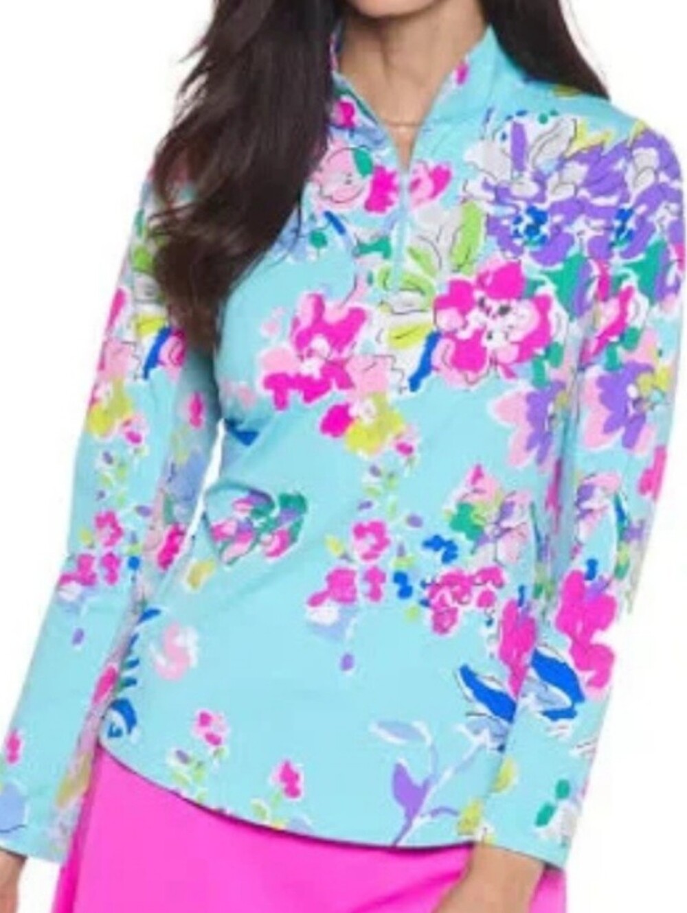 IBKUL Aqua Floral Mock-Neck Long Sleeve Top
